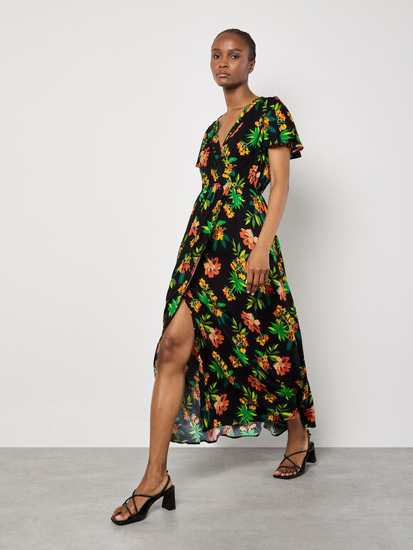 Tropical Print Wrap Maxi Dress, Black, large