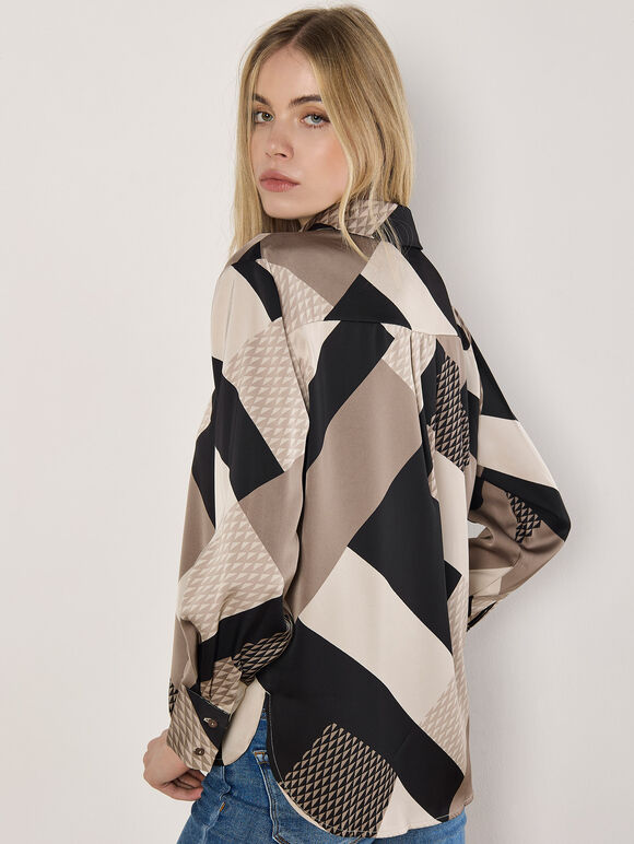 Geo Print Satin Shirt, Stone, large