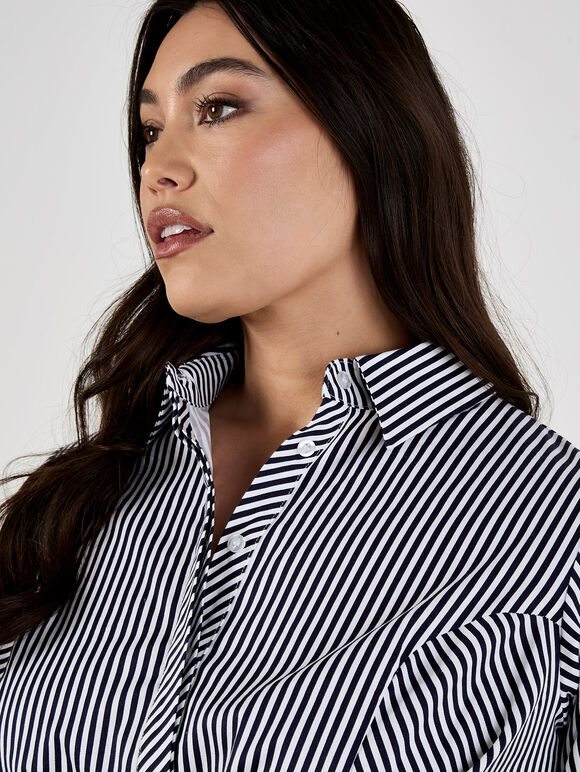 Cotton Stripe Shirt Mini Dress, Navy, large