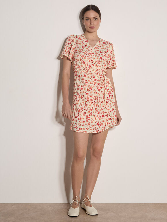 Floral Wrap Mini Dress, Cream, large