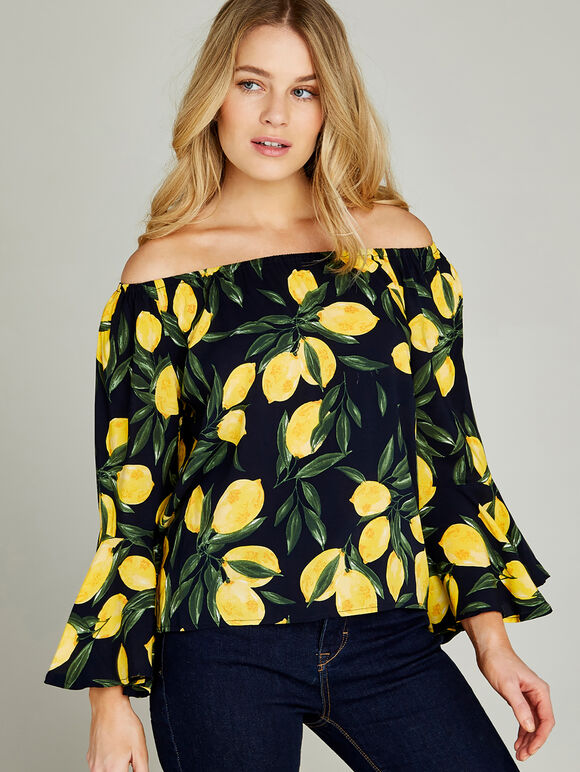Navy Lemon Print Bardot Top, Navy, large