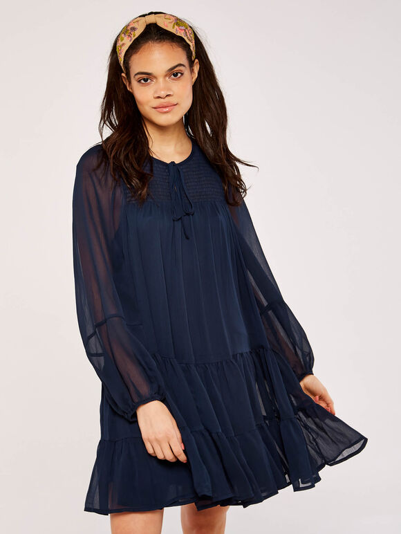 Crinkle Tiered Chiffon Dress, Navy, large