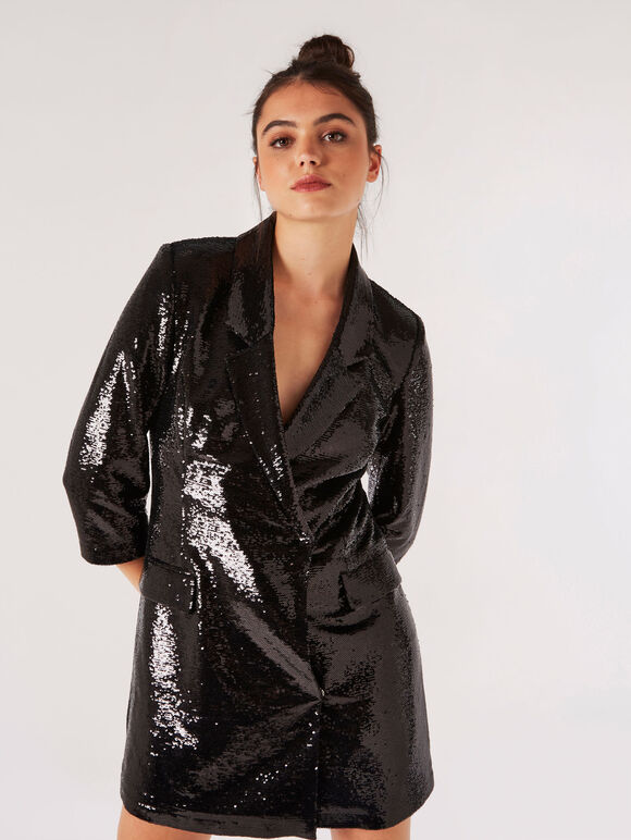 Sequin Blazer Mini Dress, Black, large