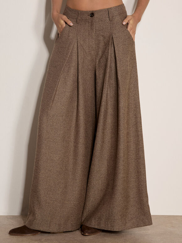 Herringbone Tweed Wide-Leg Trousers, Brown, large