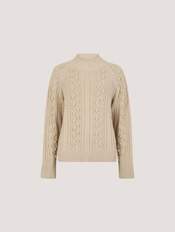 Bobble Cable Knit Jumper, Stone, large