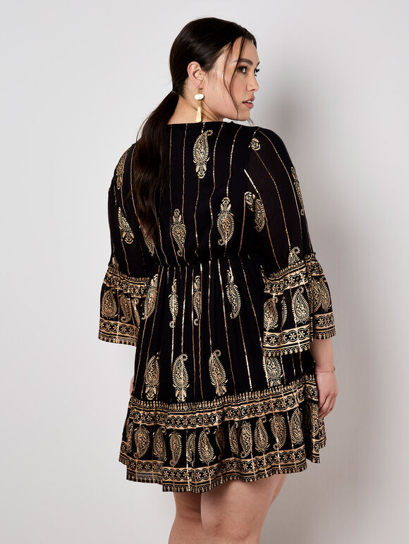 Paisley Shimmer Mini Dress, Black, large