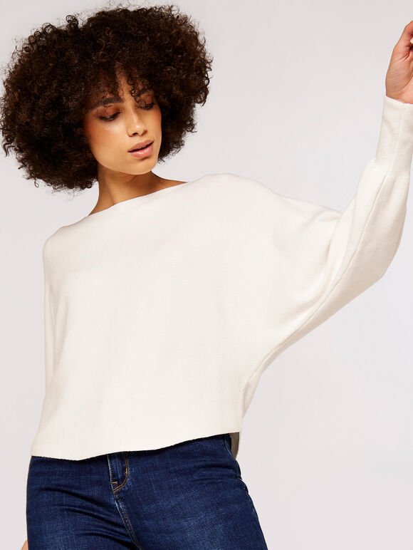 Rib Batwing Crop Jumper, Cream, large
