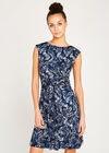 Feather Leaf Print Tie Front Dress, Navy, large