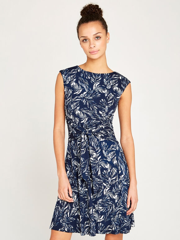 Feather Leaf Print Tie Front Dress, Navy, large