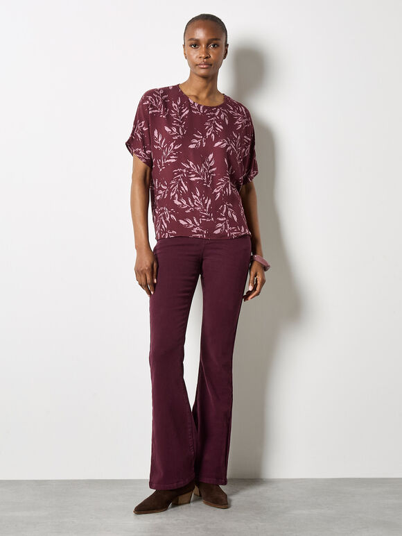 Leaf Print Woven T-Shirt, Burgundy, large