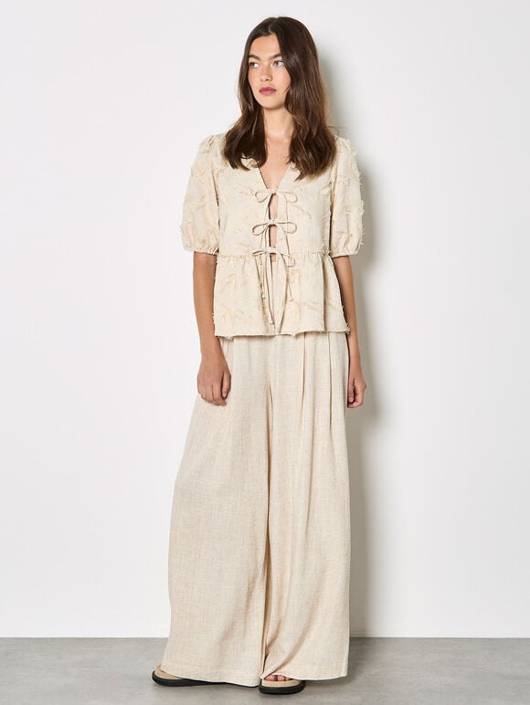 Eyelash Embroidery Linen Blend Blouse, Stone, large