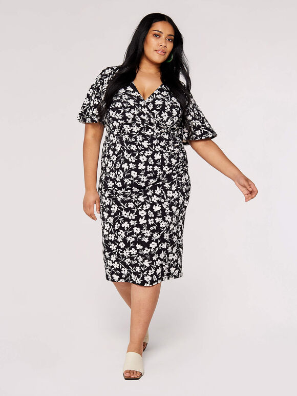 Curve Floral Ruched Midi Dress, Black, large
