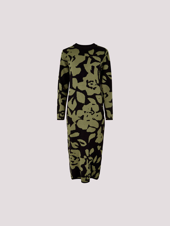 Abstract Flower Knitted Midaxi Dress, Black, large