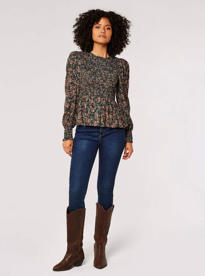 Paisley Puff Sleeve Smocked Top