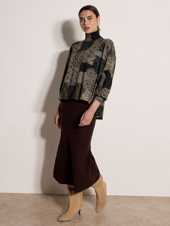Patchwork Tapestry Roll Neck Top, Khaki, large