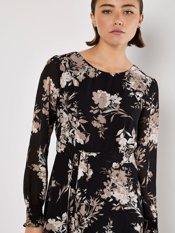 Silhouette Floral Chiffon Midaxi Dress, Black, large