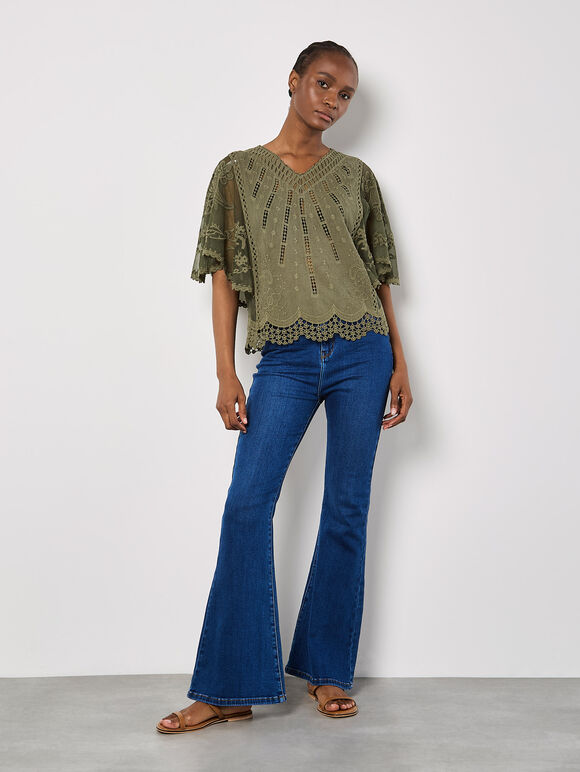 Embroidered Cotton Mesh Top, Khaki, large