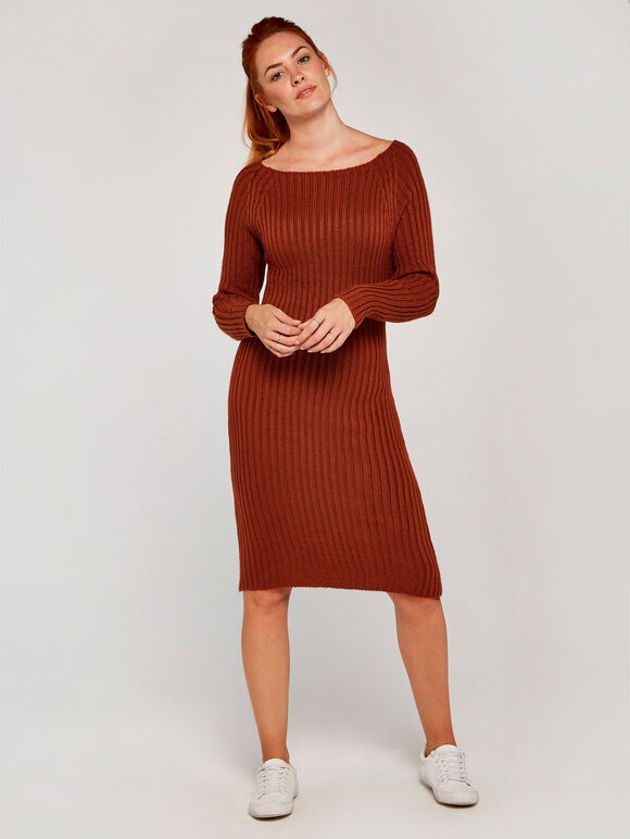 Ribbed Knit Open Back Dress, Rust, large