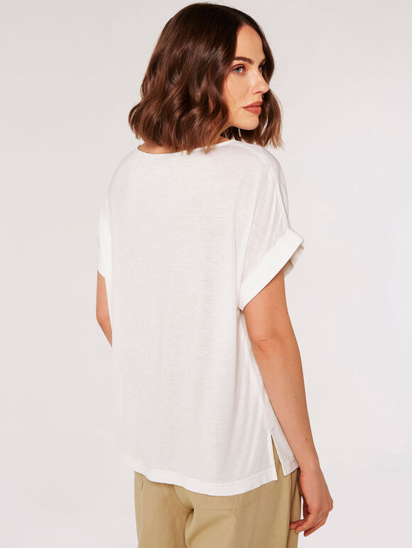 Rolled Sleeves Simple T-Shirt, Cream, large