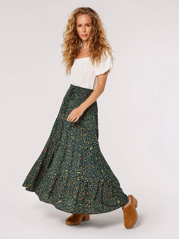 Forest Floral Tiered Maxi Skirt, Green, large