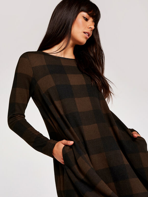 Gingham Long Sleeve Swing Dress, Brown, large