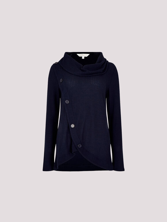 Waffle Knit Button Wrap Top, Navy, large