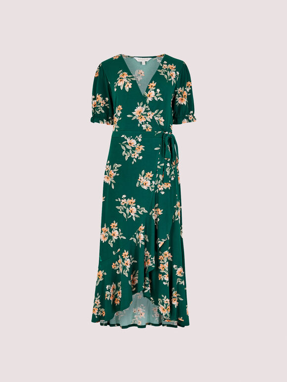 Floral Wrap Midi Dress, Green, large