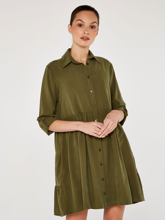 Tiered Shirt Dress, Green, large