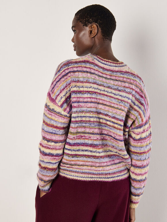 Multicoloured Stripe Aran Jumper, Pink, large
