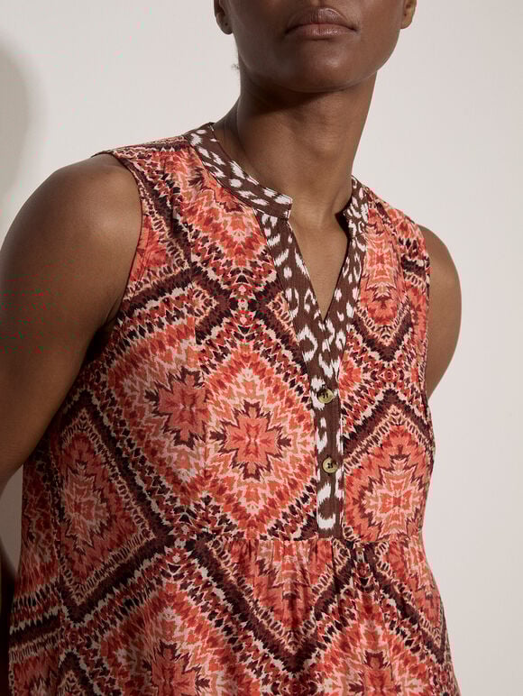 Geometric Patchwork Tiered Midi Dress, Orange, large