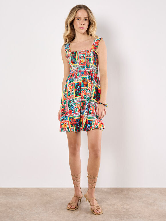 Postcard Floral Print Mini Dress, White, large