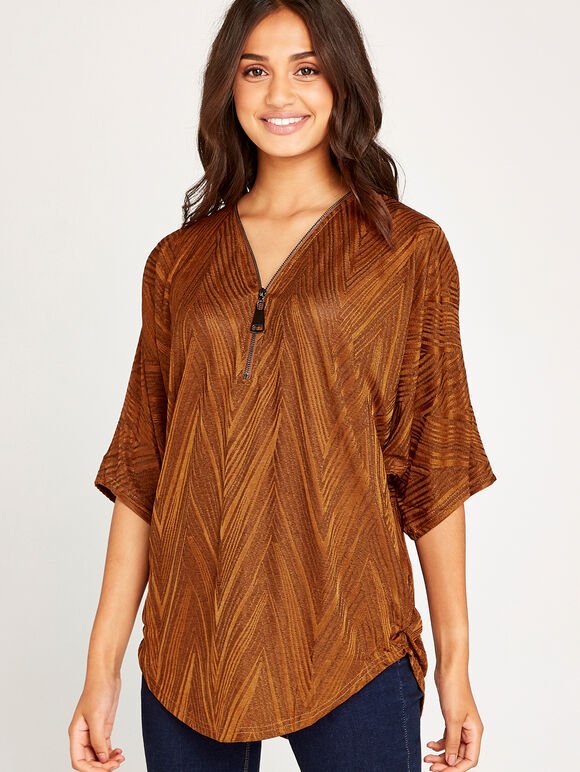 Chevron Jaquard Big Zipper Top, Rust, large