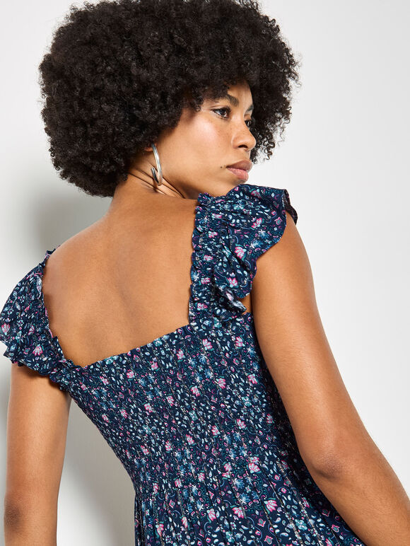 Folk Floral Metallic Midi Dress, Navy, large