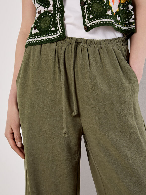 Linen Blend Wide Leg Trousers, Khaki, large