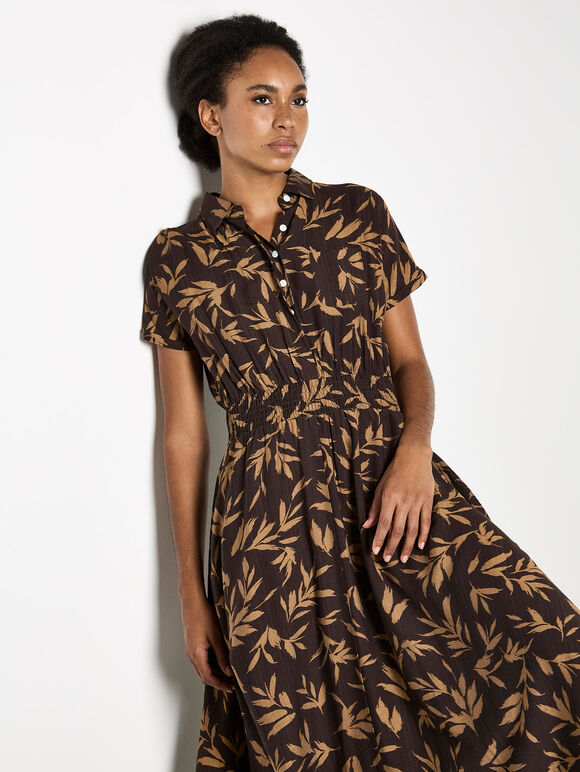 Textured Leaf Shirt Midi Dress, Brown, large