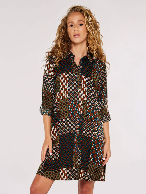 Patchwork Shirt Mini Dress, Rust, large