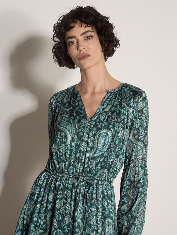 Satin Shimmer Paisley Midi Dress, Green, large