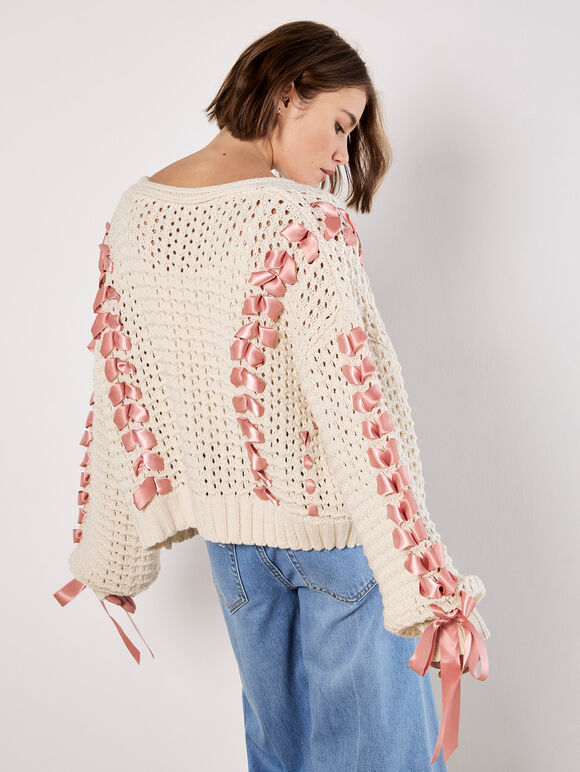 Chunky Knit Cropped Bow Cardigan, Stone, large