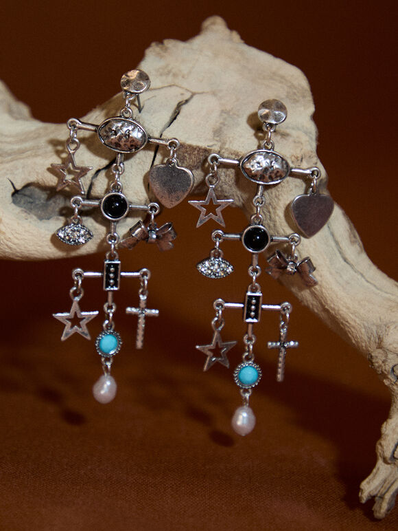 Silver Tone Charm Drop Earrings, Silver, large