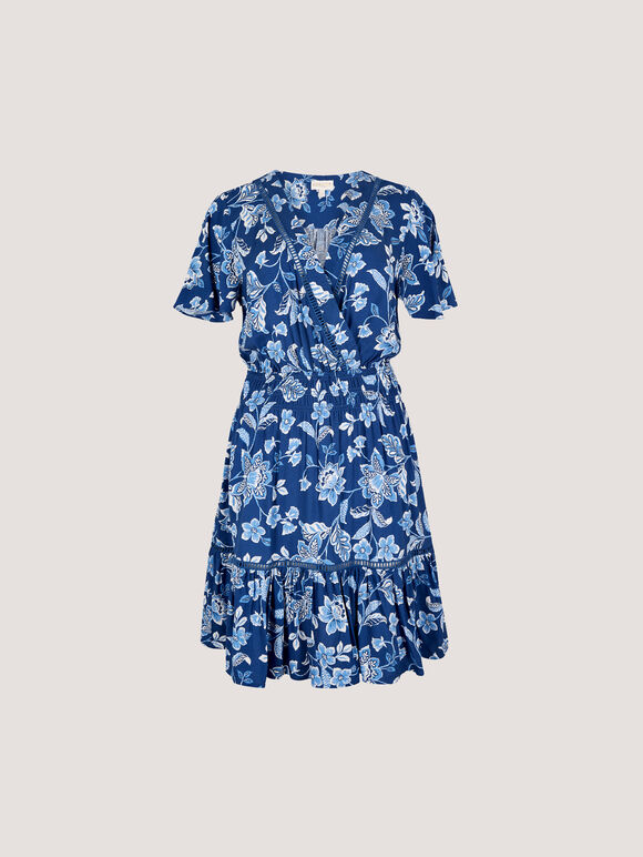 Sarasa Floral Wrap Mini Dress, Blue, large