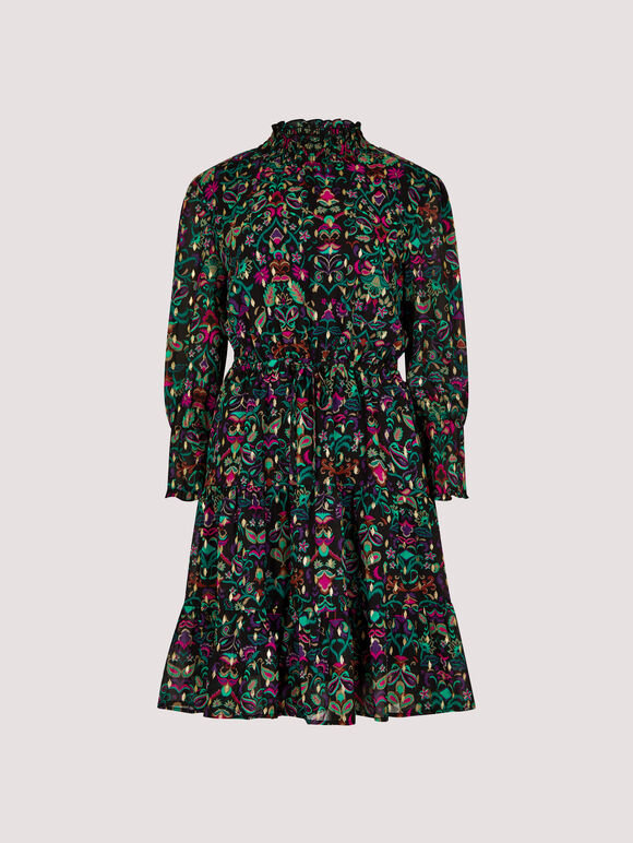 Gold Foil Ornate Floral Mini Dress, Black, large
