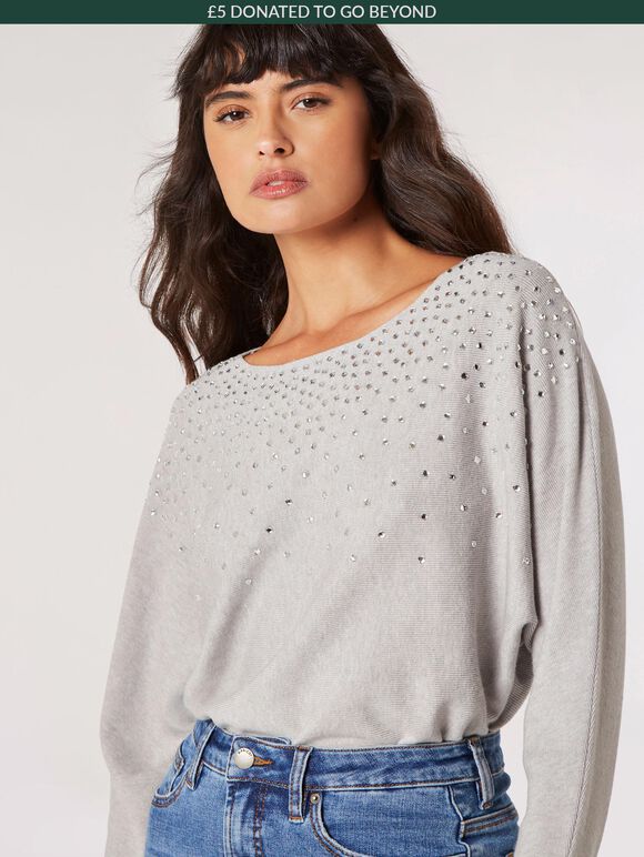 Gem Embellished Batwing Jumper, Grey, large