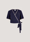 Stitch Detail Linen Blend Wrap Top, Navy, large