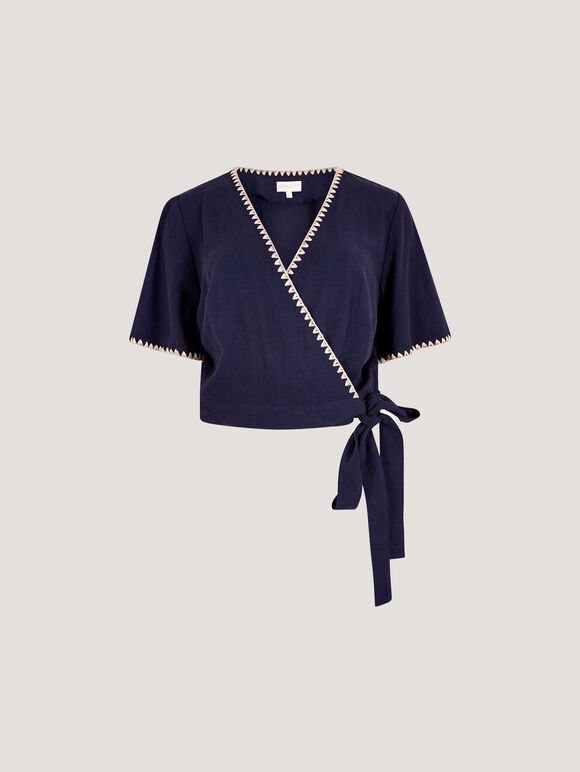 Stitch Detail Linen Blend Wrap Top, Navy, large