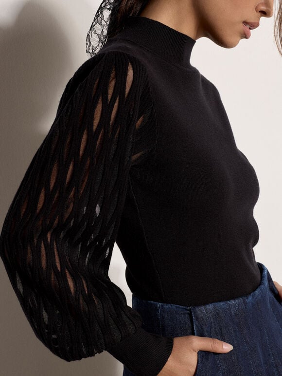 Plait Mesh Sleeve Jumper, Black, large