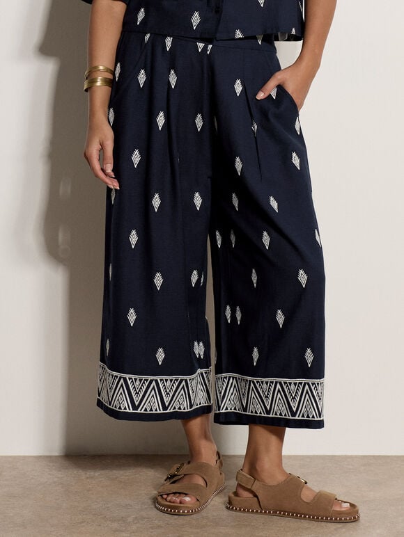 Cotton-Blend Embroidered Culottes, Navy, large