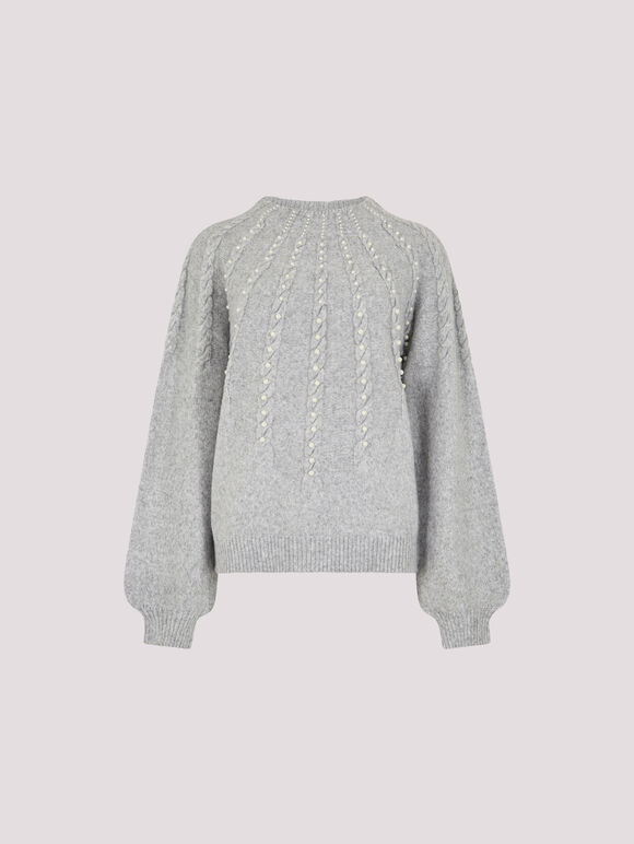 Pearl Embellished Cable Knit Jumper, Grey, large