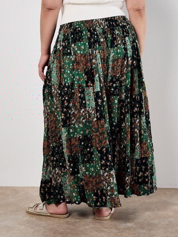 Floral Patchwork Crinkle Wide-Leg Trousers, Green, large