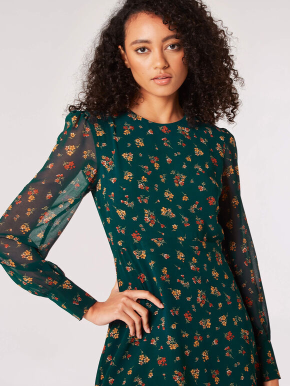 Ditsy Floral Chiffon Mini Dress, Green, large