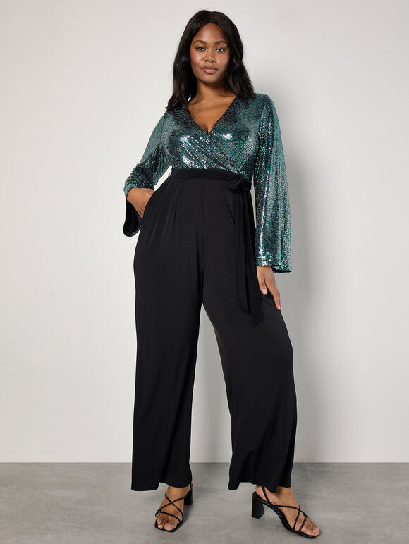 Curve Mirror Sequin Contrast Jumpsuit, Black, large